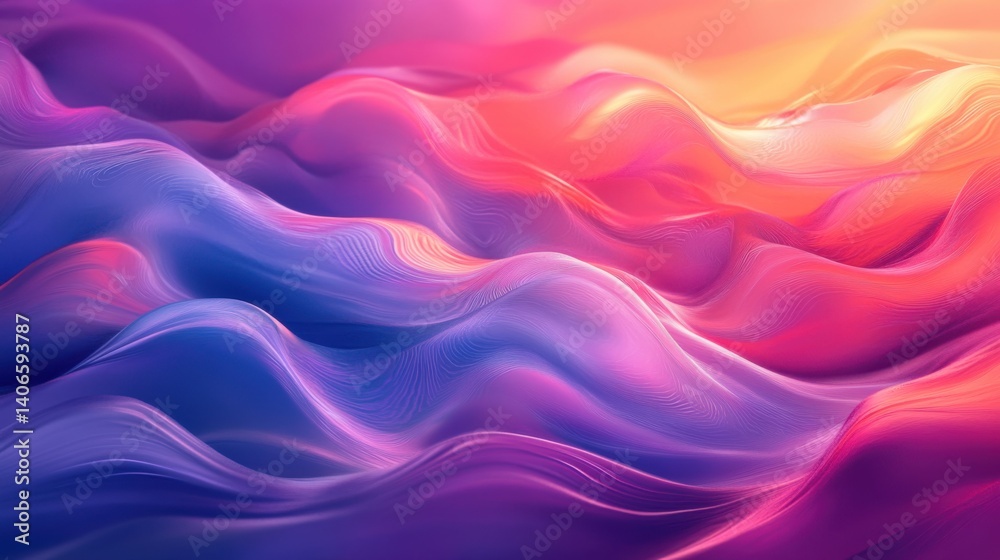 Obraz premium A vibrant, abstract representation of flowing waves, showcasing gradients of pink, purple, and blue hues, evoking a sense of tranquility and movement.