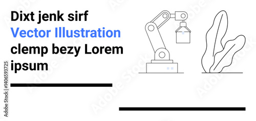 Robotic arm grabbing object beside abstract plant design. Ideal for technology, automation, engineering, manufacturing, design, innovation, simple landing page