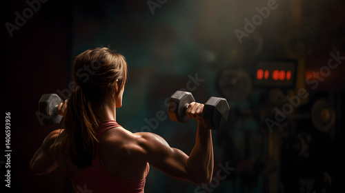 A side view captures the moment a female bodybuilder locks out a dumbbell overhead press. Her physique is lean and strong, with visible deltoid striations. The gym is dimly lit with focused