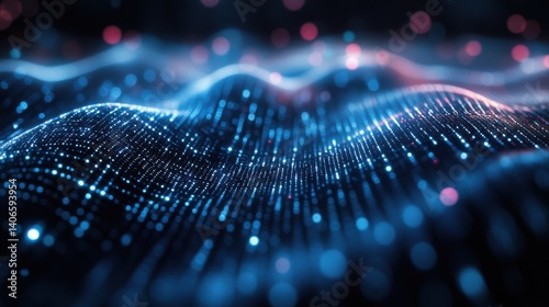 A vibrant abstract representation of digital waves, illuminated by colorful lights, creating a dynamic and futuristic visual experience.