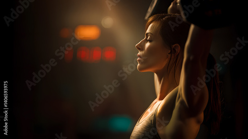 A side view captures the moment a female bodybuilder locks out a dumbbell overhead press. Her physique is lean and strong, with visible deltoid striations. The gym is dimly lit with focused