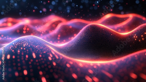 A vibrant abstract image showcasing flowing waves of light with blue and red hues, creating a dynamic and visually striking effect.