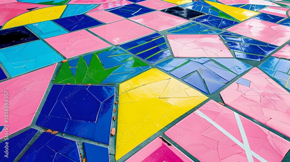 Fototapeta premium Bright Geometric Mosaic Tile Background in Pink, Blue, Yellow, and Green