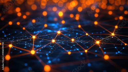 A captivating abstract representation of interconnected nodes and pathways, illuminated by glowing orange and blue lights against a dark background.