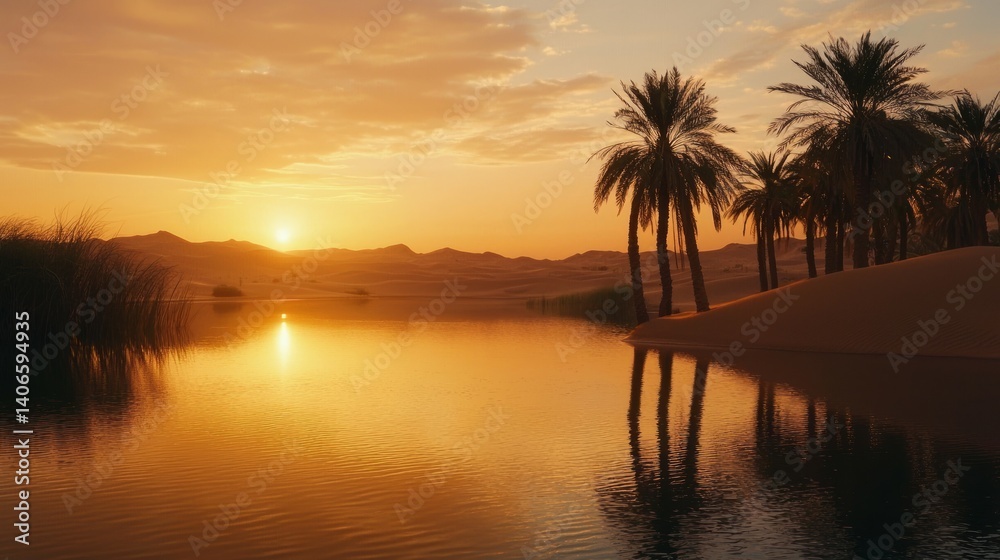 Sunset Over a Serene Oasis in the Middle East Desert Landscape Sunset Over a Serene Oasis in the Middle East Desert Landscape