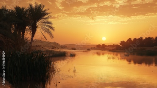 Traditional Middle East Landscape at Sunset with Palm Trees and Water
