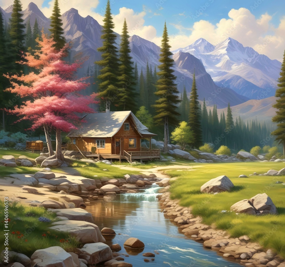 Fototapeta premium Illustration of spring season landscape with cottage and mountain.