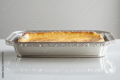 Rectangular, ornate, silver-plated cheesecake in a baking pan.