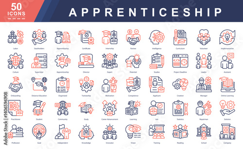 Apprenticeship color outline icon set covering skills, learning, mentorship, and workplace growth. Perfect for digital platforms, resumes, onboarding tools, and professional presentations.