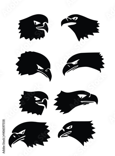Eagle Silhouette Set: A striking collection of stylized eagle profiles, each a bold silhouette in black, perfectly capturing the essence of strength and predatory grace.