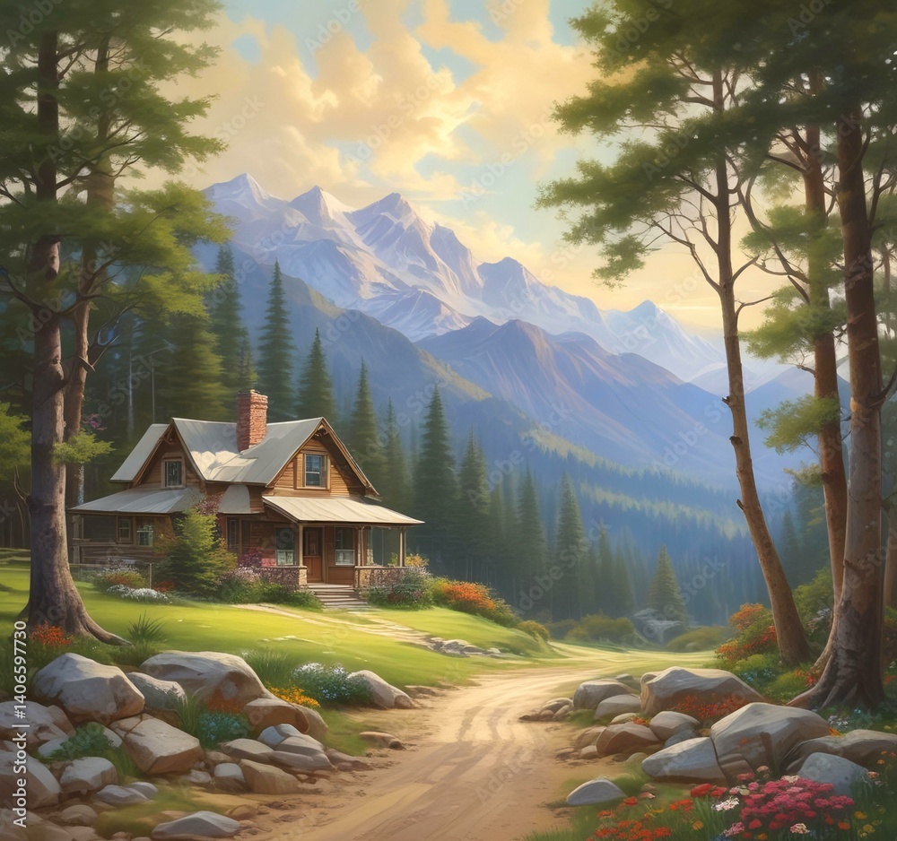 Fototapeta premium Illustration of spring season landscape with cottage and mountain.