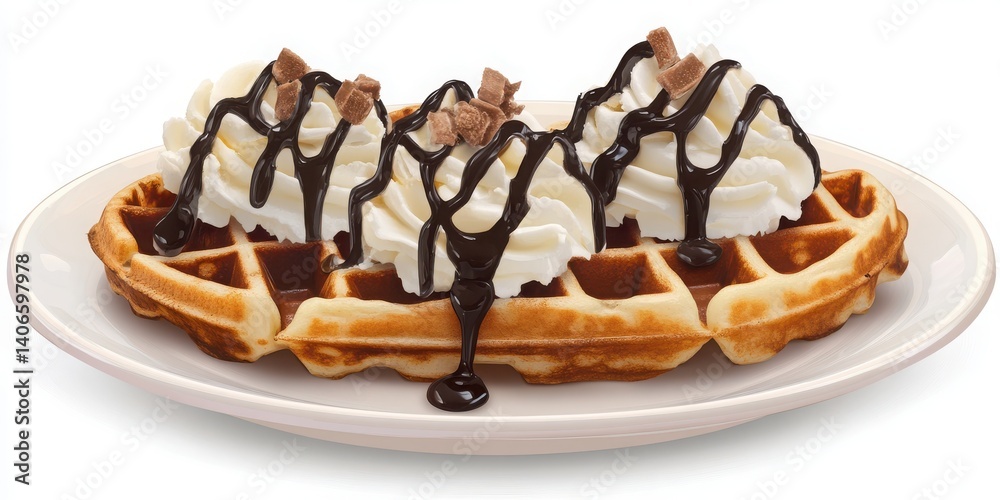 Fototapeta premium White background showcasing different sweet Belgian waffle dessert creations.