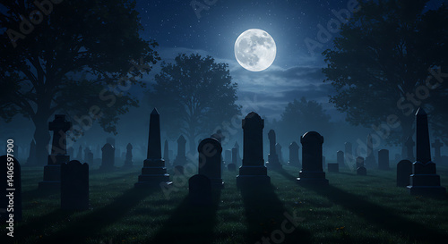 Moonlit graveyard path lined with tombstones.