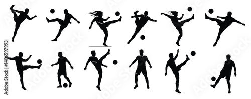 Soccer Silhouette Sequence: A dynamic series of player silhouettes executing a variety of skillful soccer kicks, showcasing the sport's grace and athleticism in a minimalist, artistic style.