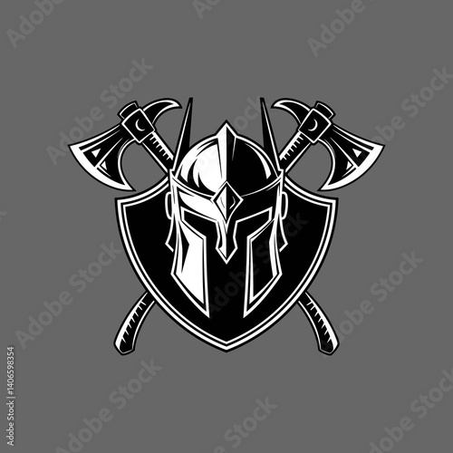 Bold Spartan Helmet Esport Gaming or Warrior Mascot Logo with Shield and Crossed Axes
