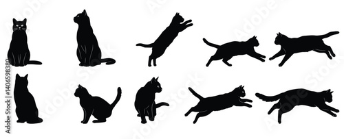 Cat Silhouette Set: A versatile set of nine sleek black cat silhouettes in various poses, including sitting, leaping, and running, perfect for graphic design projects.