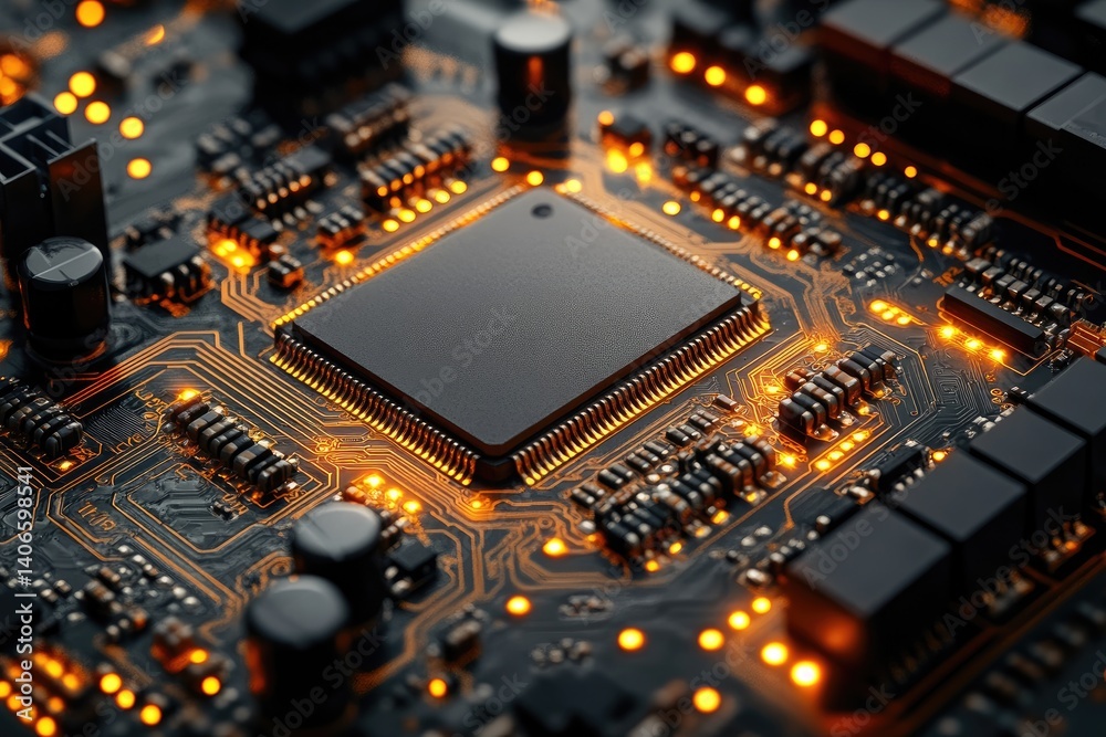 Close-up shows glowing chip pathways on a detailed circuit board. Connectivity shines Close-up shows glowing chip pathways on a detailed circuit board. Connectivity shines