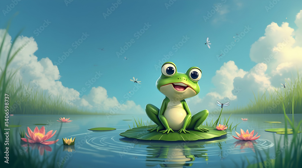 Fototapeta premium Cartoon Frog Sitting on Lily Pad in Pond with Dragonflies
