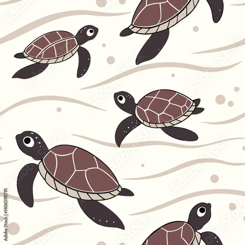 Seamless turtle vector pattern  swimming in soft waves  