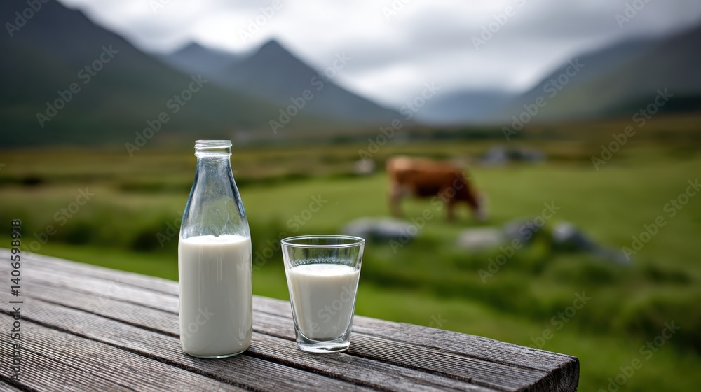 Fresh milk bottle and glass resting on weathered wooden table, pastoral meadow with grazing cow and rolling hills backdrop, rustic dairy scene Fresh milk bottle and glass resting on weathered wooden table, pastoral meadow with grazing cow and rolling hills backdrop, rustic dairy scene