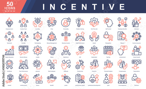 Incentive color outline icon set showcasing motivation, recognition, compensation, and performance. Ideal for HR tools, business reports, employee portals, and productivity-focused presentations.