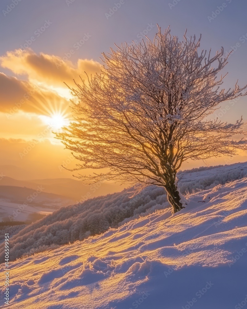 Snowy hilltop tree at golden sunset Snowy hilltop tree at golden sunset