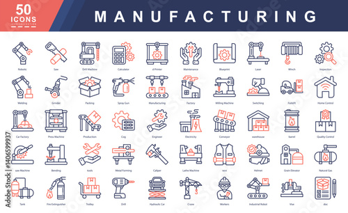 Manufacturing color outline icon set featuring tools, machinery, robotics, and production elements. Ideal for industrial platforms, factory planning, safety manuals, and engineering presentations.