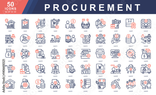 Procurement color outline icon set illustrating sourcing, contracts, budgeting, and logistics. Ideal for business tools, supply chain platforms, vendor management, and financial presentations.