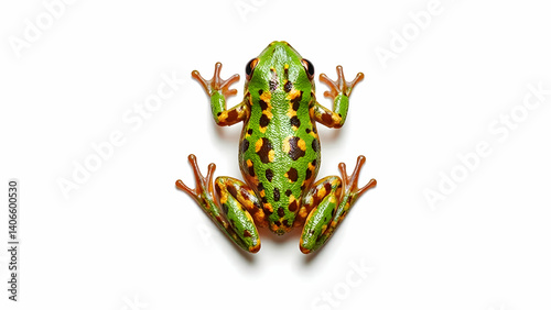 Isolated Spotted Green Frog on White Background Top Down View
