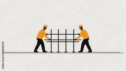 A minimalist vector illustration of two workers handling steel rebar at a construction site, using clean geometric shapes and a limited color palette to emphasize simplicity and precision (3)