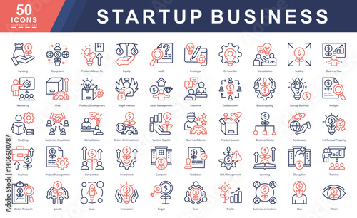 Startup Business color outline icon set focused on innovation, funding, product launch, and growth. Ideal for pitch decks, business plans, incubators, accelerators, and startup ecosystem platforms.