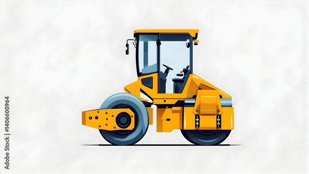 Fototapeta premium A minimalist digital illustration of a yellow road roller, focusing on the large front cylindrical drum and rugged rear tires, isolated on a white background, with clean lines and subtle shadows (3)
