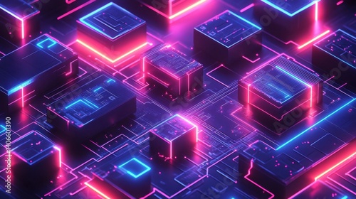 A vibrant, futuristic circuit board design featuring glowing blocks and neon lines, representing advanced technology and digital landscapes.
