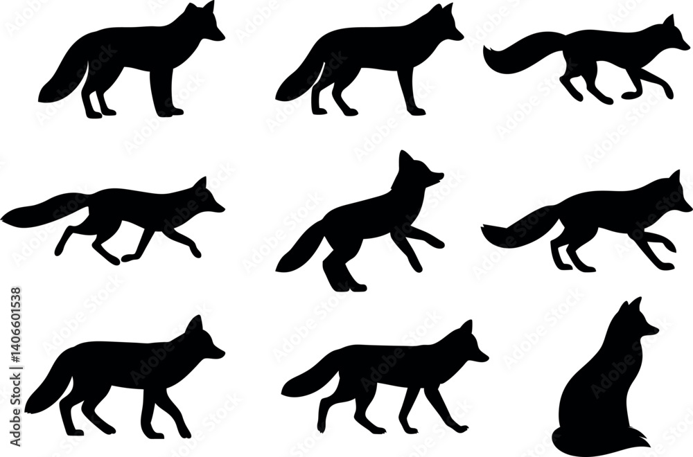 Obraz premium Set of Fox Silhouette Vector Isolated on White Background