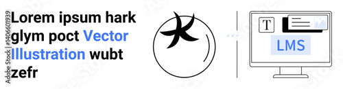 Circle with abstract design beside computer showing text formatting and LMS interface. Ideal for education, technology, e-learning, knowledge sharing, content creation, digital tools, simple landing