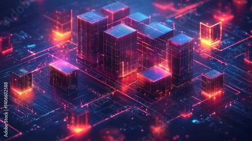 A vibrant digital cityscape with glowing buildings and circuitry, creating a futuristic, tech-inspired atmosphere.