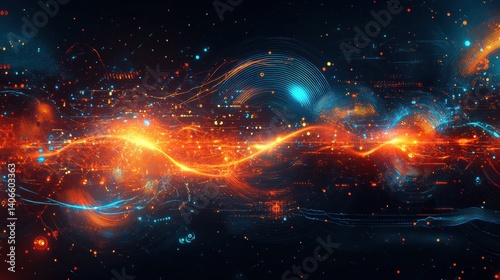 A vibrant, abstract representation of digital waves, featuring glowing orange and blue lines against a dark backdrop, symbolizing technology and connectivity.