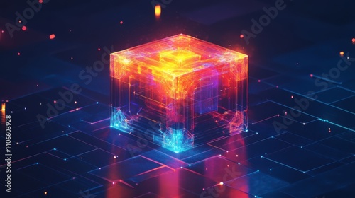 A vibrant, glowing cube surrounded by digital patterns, showcasing a futuristic and technological theme.