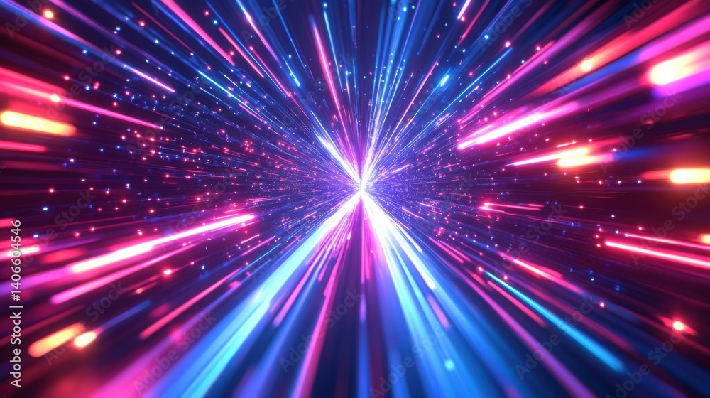A vibrant explosion of light beams radiates outward, creating a dynamic and captivating visual effect with intersecting colors. A vibrant explosion of light beams radiates outward, creating a dynamic and captivating visual effect with intersecting colors.