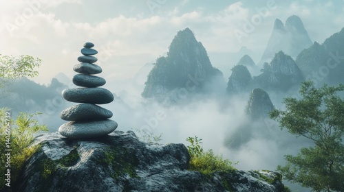 Stacked zen stones symbolize balance and tranquility against a misty mountain range in a serene natural landscape