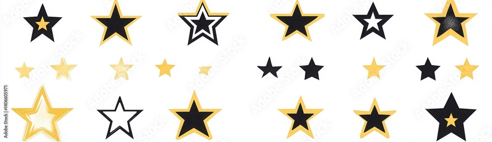 Obraz premium 30 different yellow and black star icons, a simple vector icon set on a transparent background, each on its own line for easy use.