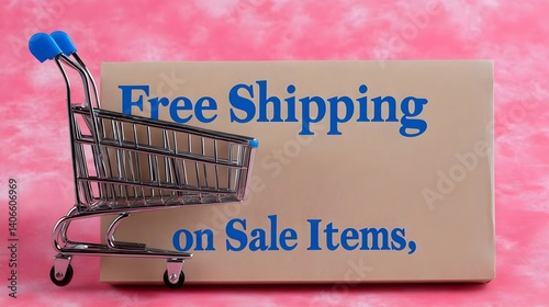 Free shipping sale event for shopping app online retail promotional content vibrant background eye-level view