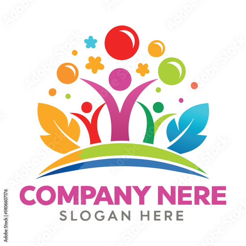 Colorful logo design for a child-focused organization.  Playful figures, leaves, and bubbles