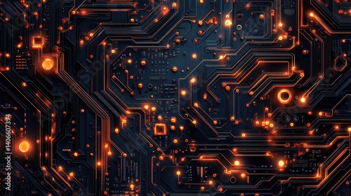 A close-up of a complex circuit board with glowing orange components on a dark background, showcasing intricate electronic pathways and connections.