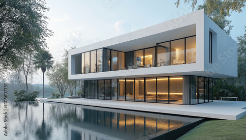 Modern architectural design showcases private house with large glass windows, surrounded by greenery and serene water feature. structure reflects contemporary aesthetics and tranquility