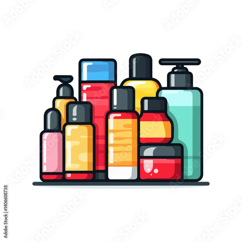 Collection of Colorful Cosmetic and Beauty Product Bottles and Jars