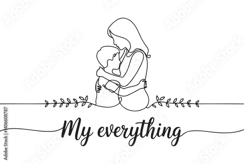 One-line drawing of a mother and child embracing, expressing love.