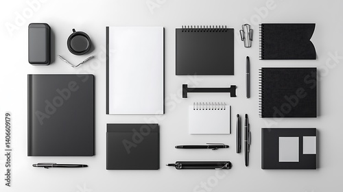 A collection of office supplies including pens, notebooks, and a briefcase
