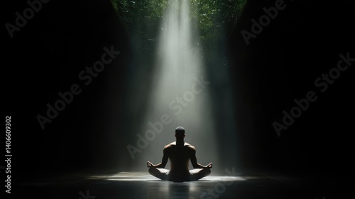 Man meditating in serene jungle light