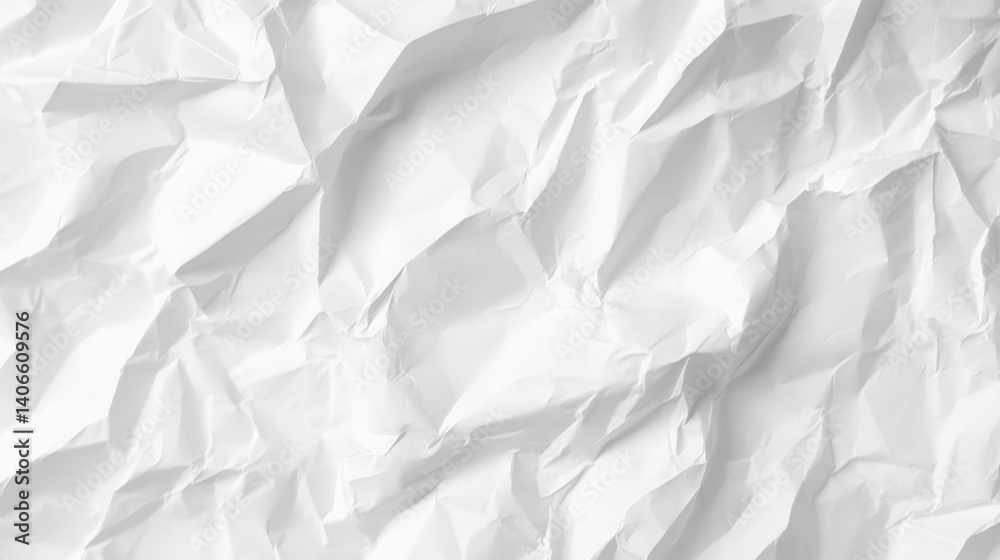 Fototapeta premium Crumpled white paper creating textured, abstract surface with dynamic shadows, serving as minimalist background for creative design projects